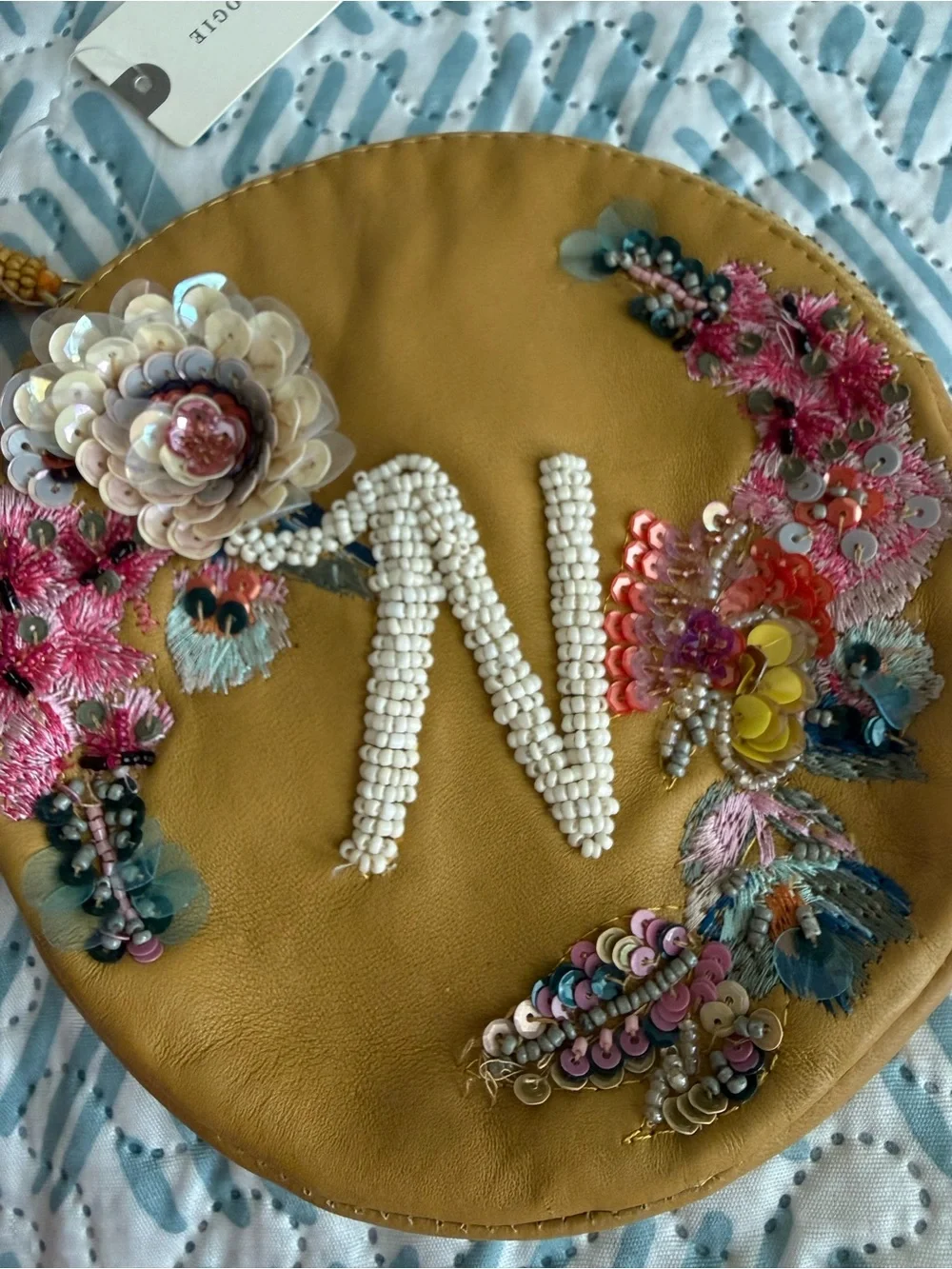 NWT Anthropologie Mustard Embroidered Beaded 'N' Round Wristlet